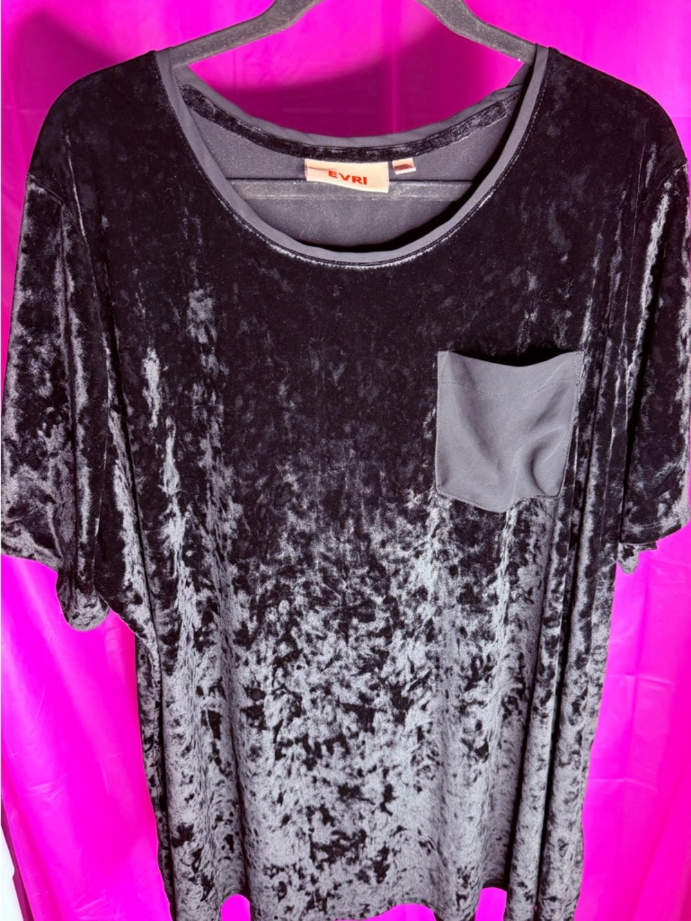 EVRI Black Crushed Velvet Short Sleeve Tee with Pocket